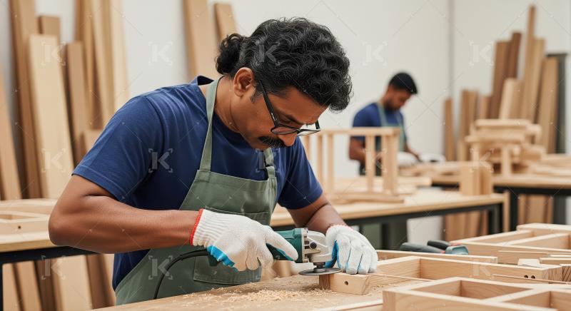 A male carpenter in blue attire and safety gloves works with a p