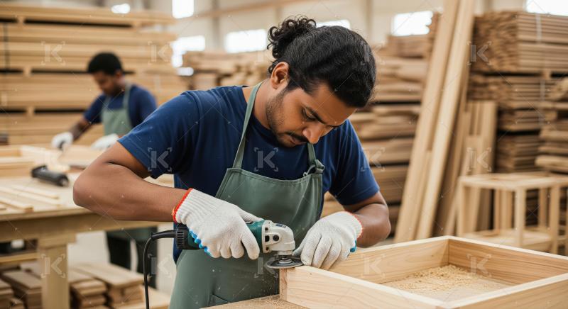 A male carpenter in blue attire and safety gloves works with a p