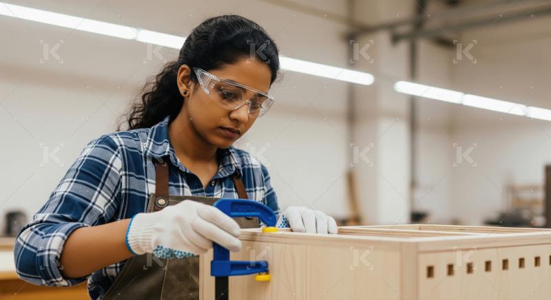 A female carpenter in plaid shirt and apron uses a clamp to asse