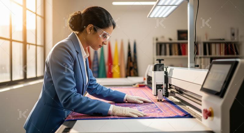 A female designer in a blue suit and gloves inspects fabric patt