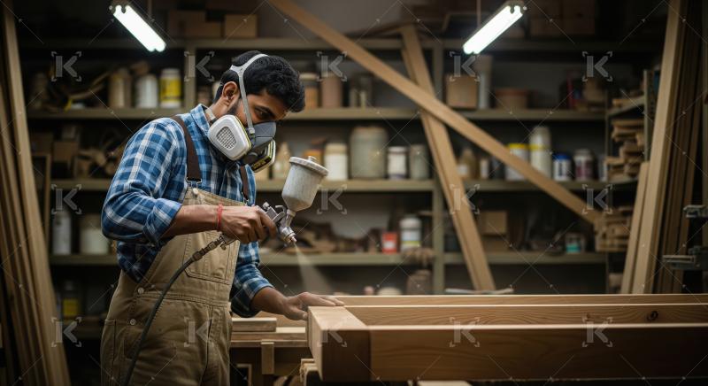 A male carpenter in protective gear and plaid shirt spray-paints