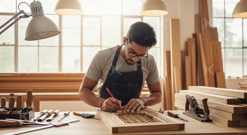 A skilled male carpenter engraves intricate designs on a wooden