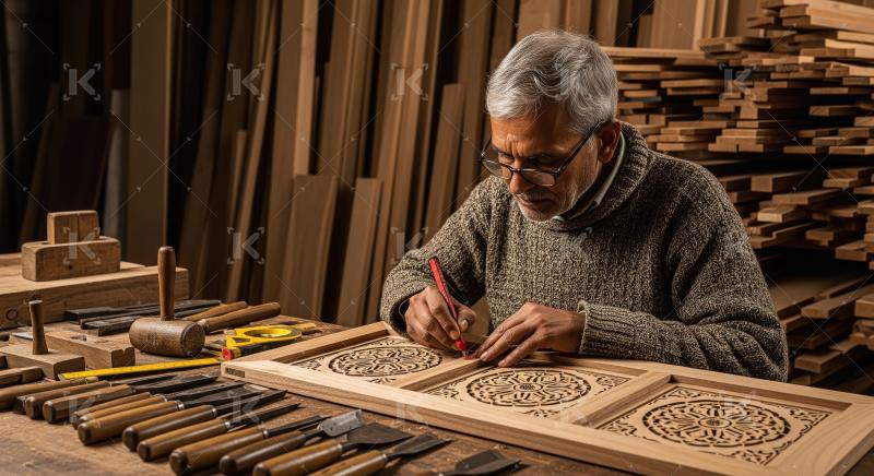 An elderly artisan skillfully engraves intricate patterns on a w