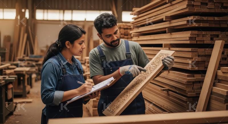 A team of two carpenters in aprons reviews and discusses the fin