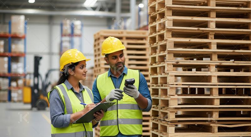 Two workers use a scanner and clipboard to inspect and track woo