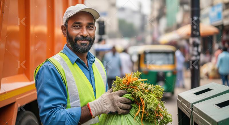 A male sanitation worker in a neon vest and gloves collects orga