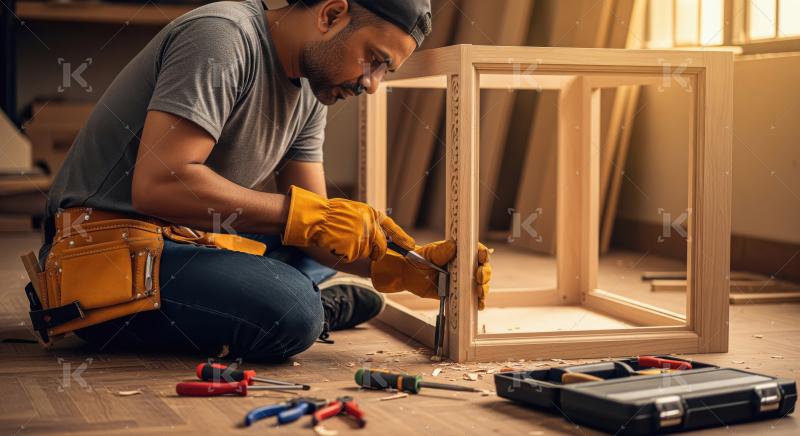 A carpenter in gloves and tool belt installs or repairs a wooden