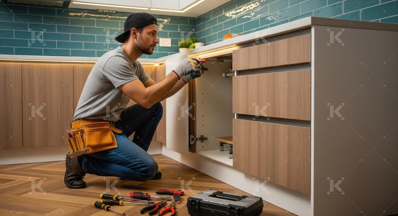 A male plumber kneels with a toolbox and tools, repairing the in