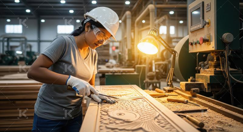 A female craftsman in a hard hat and gloves engraves an intricat