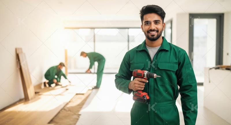 Indian man in green uniform one holding a cordless drill in the