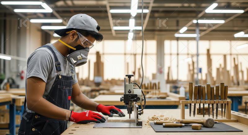 A male carpenter meticulously planes a wooden piece at a well-li