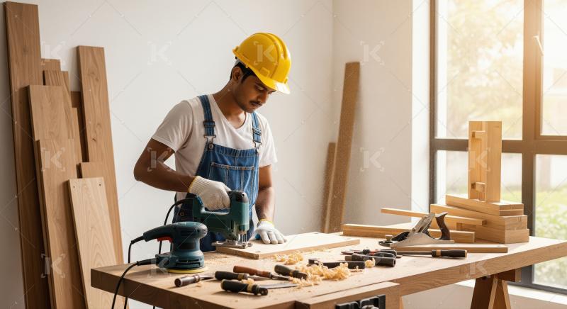 A male carpenter in yellow helmet and overalls uses a jigsaw to