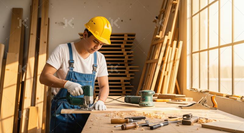 A male carpenter in yellow helmet and overalls uses a jigsaw to