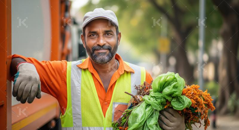 A male sanitation worker in a neon vest and gloves collects orga