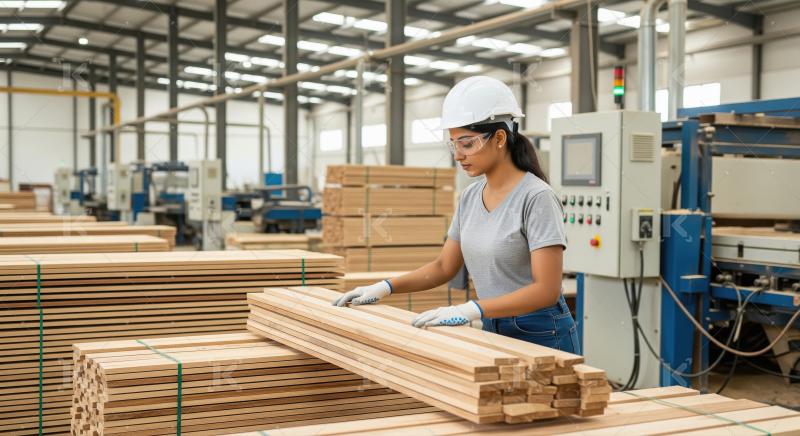 A female factory worker with helmet and gloves stacks wooden pla
