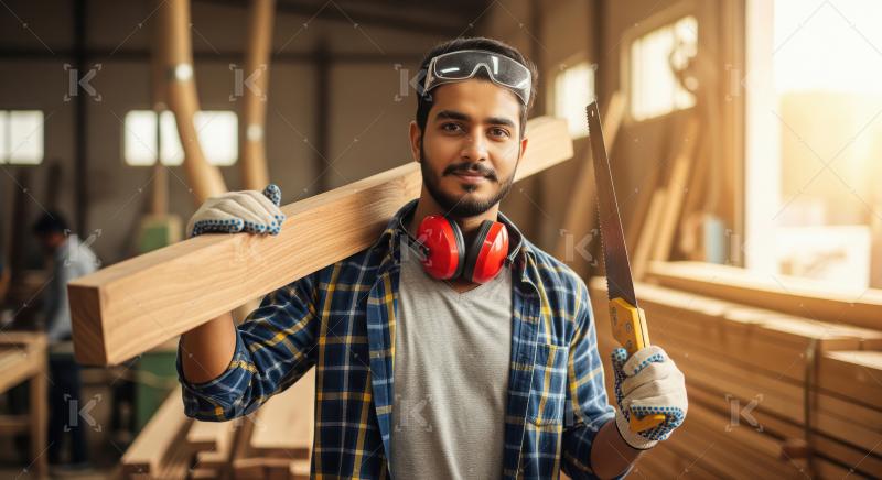 A male carpenter wearing safety goggles and earmuffs holds a woo