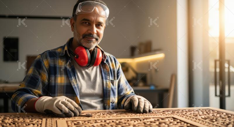 A male carpenter wearing safety goggles and earmuffs holds a woo
