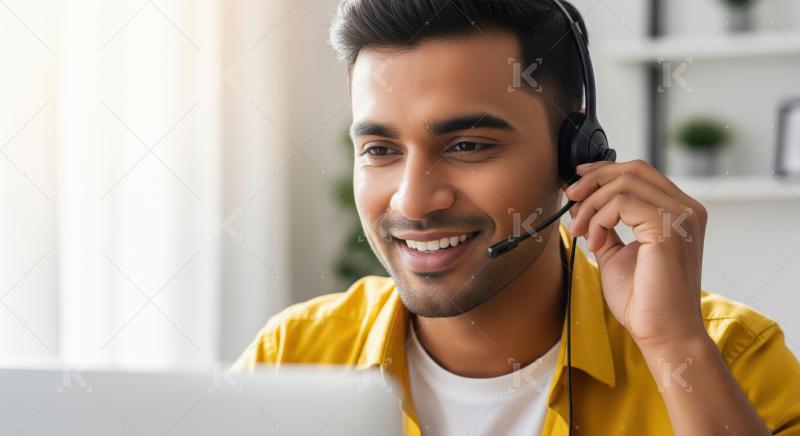 A male call center agent interacts with a client using a headset