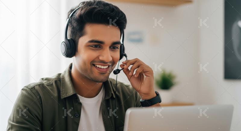 A male call center agent interacts with a client using a headset