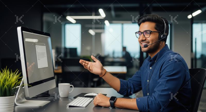 A male call center agent interacts with a client using a headset
