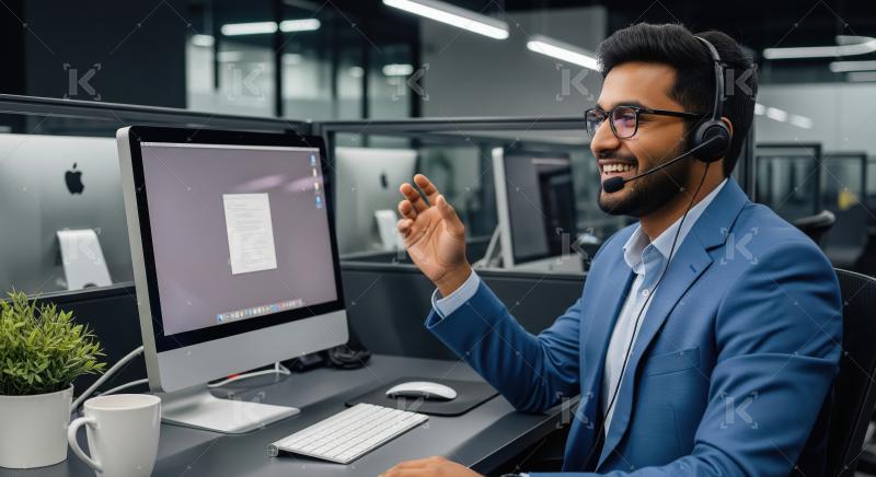 A male call center agent interacts with a client using a headset