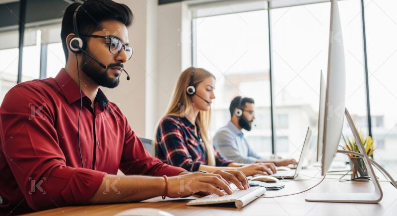A male and female call center agents dressed in formal suits pro