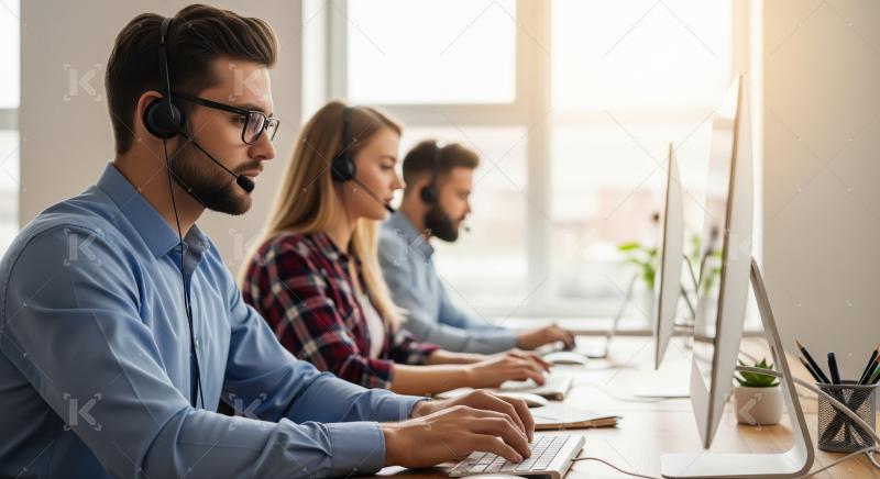 A male and female call center agents dressed in formal suits pro