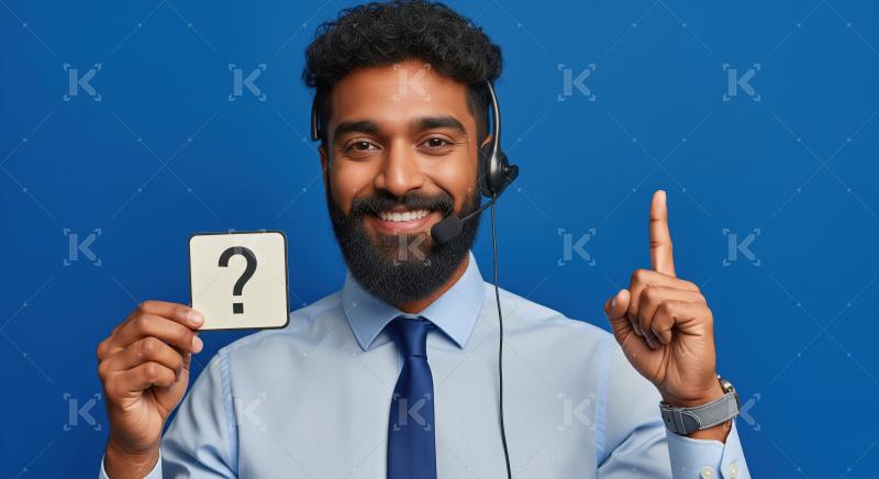 A male customer support agent in blue formal attire and headset