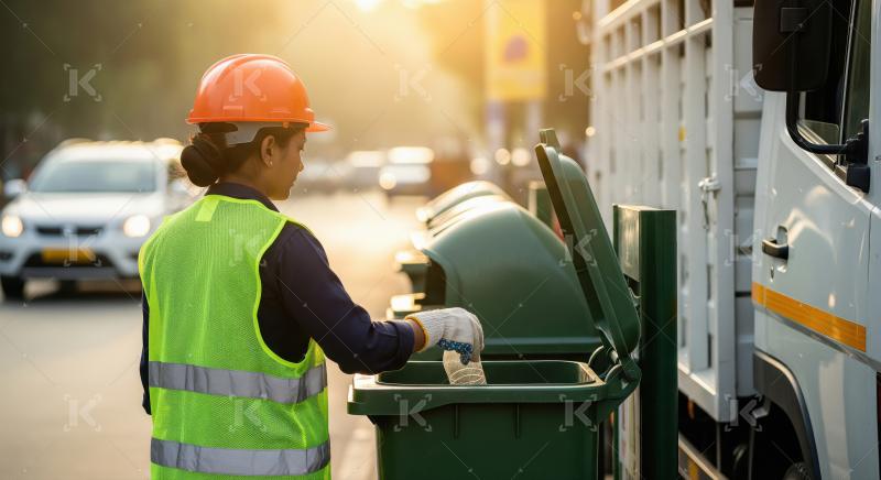 A female sanitation worker in a neon vest and red helmet dispose