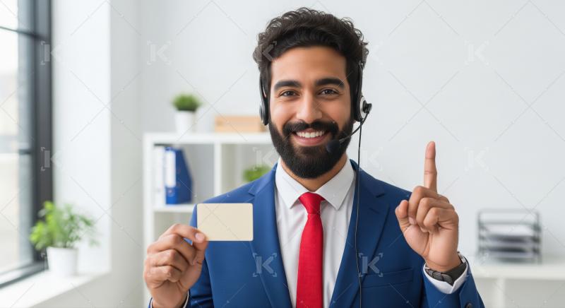 A male customer support agent in blue formal attire and headset