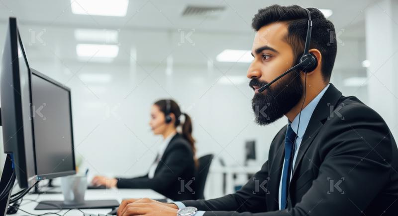 A male call center agent interacts with a client using a headset