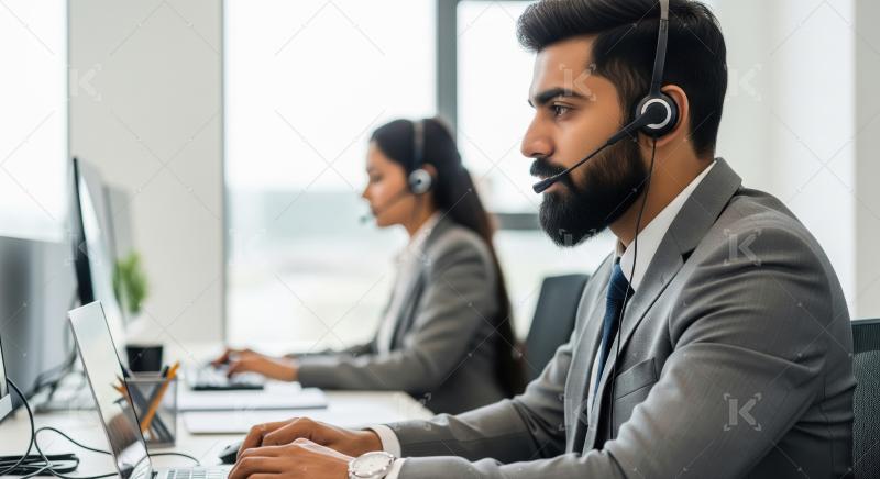 A male call center agent interacts with a client using a headset