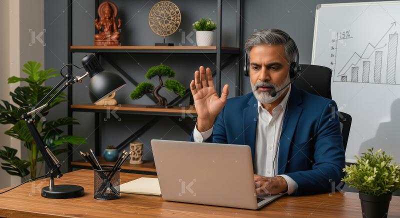 A senior businessman consults virtually from an office desk, rai