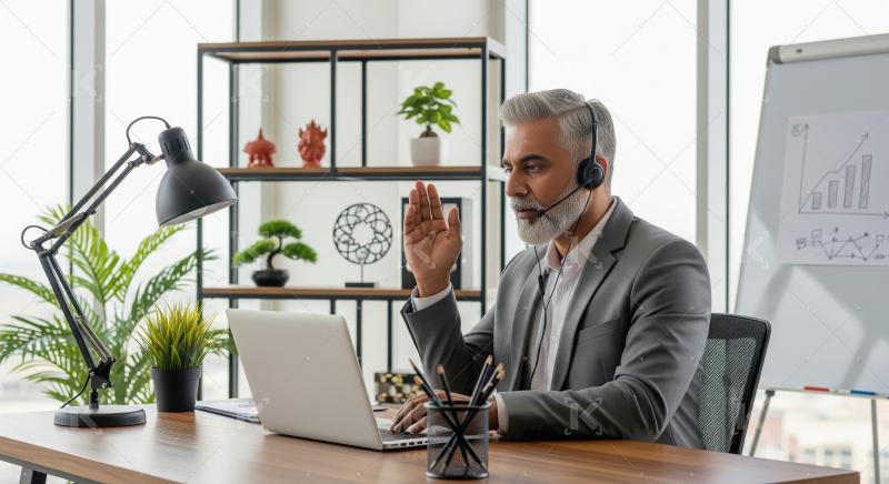 A senior businessman consults virtually from an office desk, rai