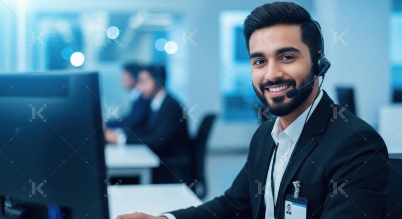 A male call center agent interacts with a client using a headset
