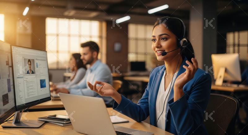 A male and female call center agents dressed in formal suits pro