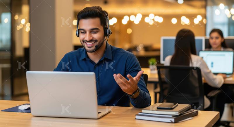 A male call center agent interacts with a client using a headset