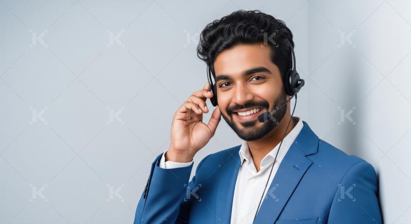 A young male customer service agent listens attentively with a h