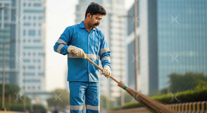 A male sanitation worker in a blue uniform sweeps a city street