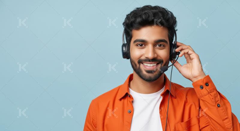 A young male customer service agent listens attentively with a h