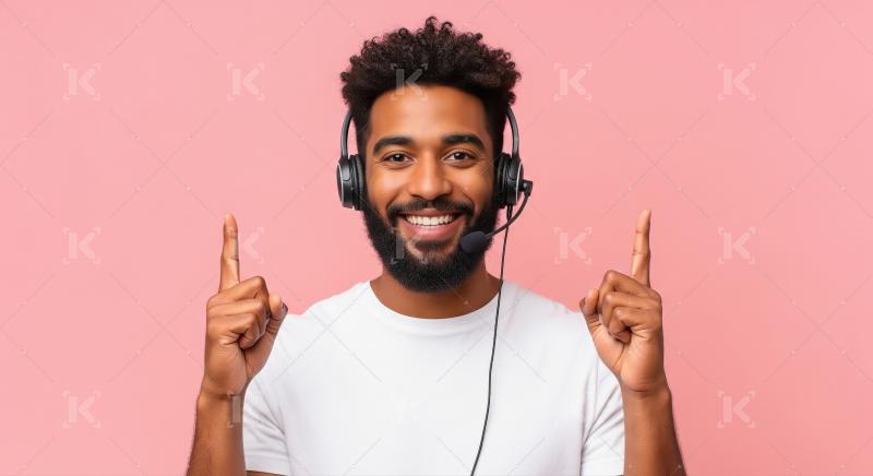 A young male customer service agent listens attentively with a h