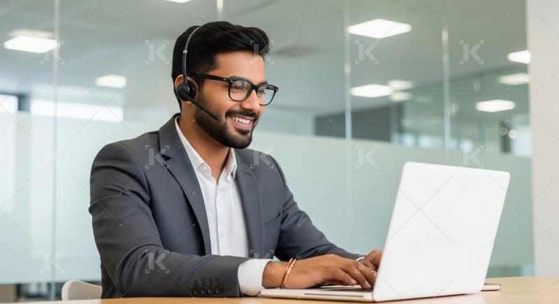 A male call center agent interacts with a client using a headset