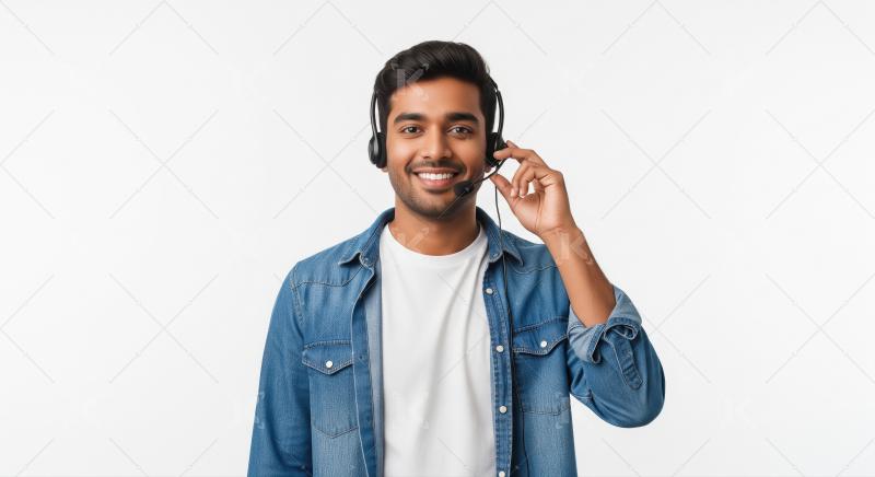 A young male customer service agent listens attentively with a h