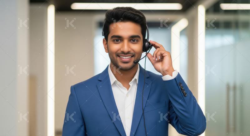 A young male customer service agent listens attentively with a h