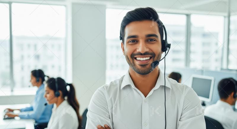 A young male customer service agent listens attentively with a h