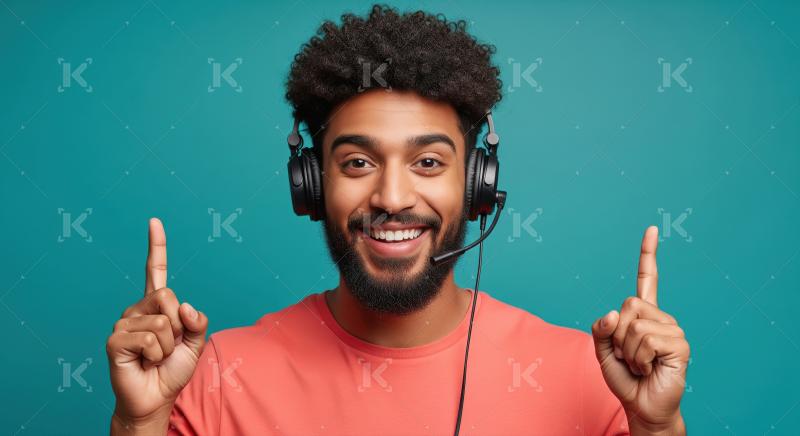 A young male customer service agent listens attentively with a h