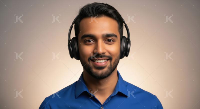 A young male customer service agent listens attentively with a h