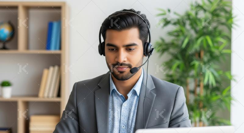 A male call center agent interacts with a client using a headset