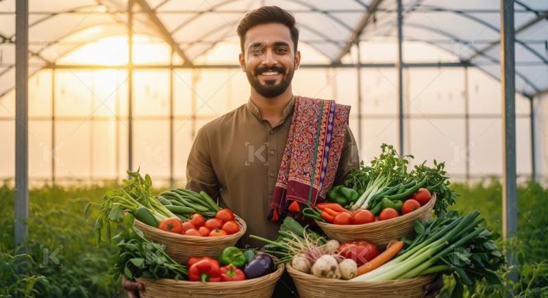 A proud farmer in ethnic attire holds baskets filled with fresh,