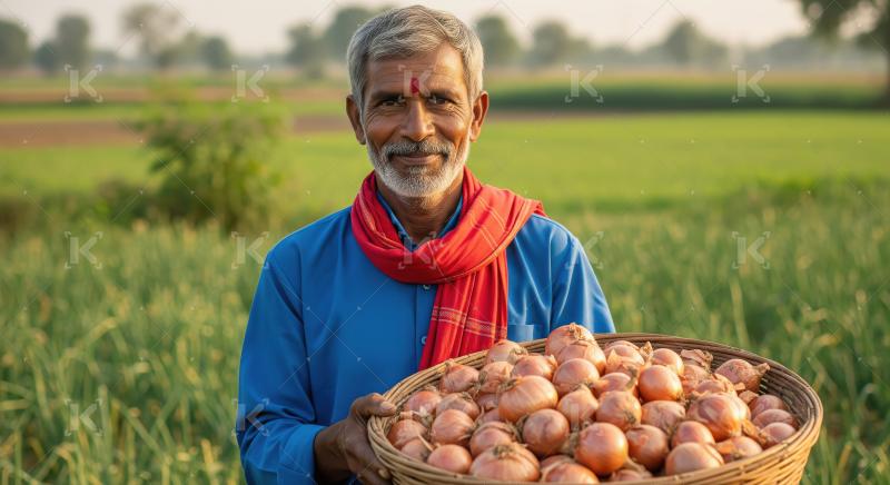 Indian farmer stands proudly in a lush onion field holding a lar